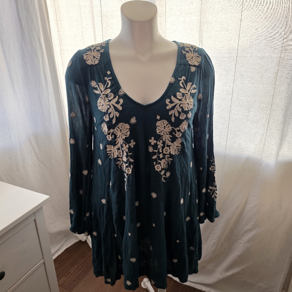 Free People Teal Green Oxford Embroidered Swing Shift Dress